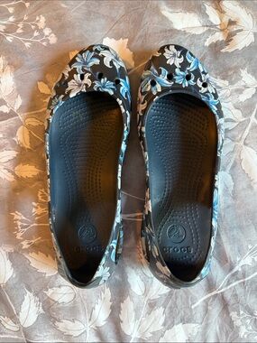CROCS Black Ballet Flats with Blue and White Floral Print